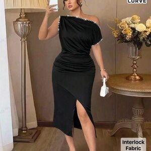 SHEIN Black One Shoulder Dress with Pearl Trim